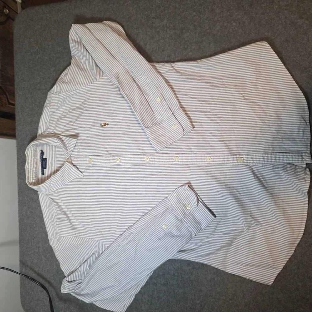 Ralph Lauren Purple White Pinstripe Longsleeve Button Up Boys Size 14 W1